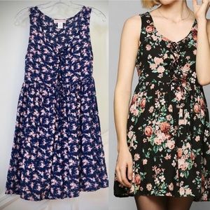 Band of Gypsies Babydoll Lace Up Navy Blue Floral Dress